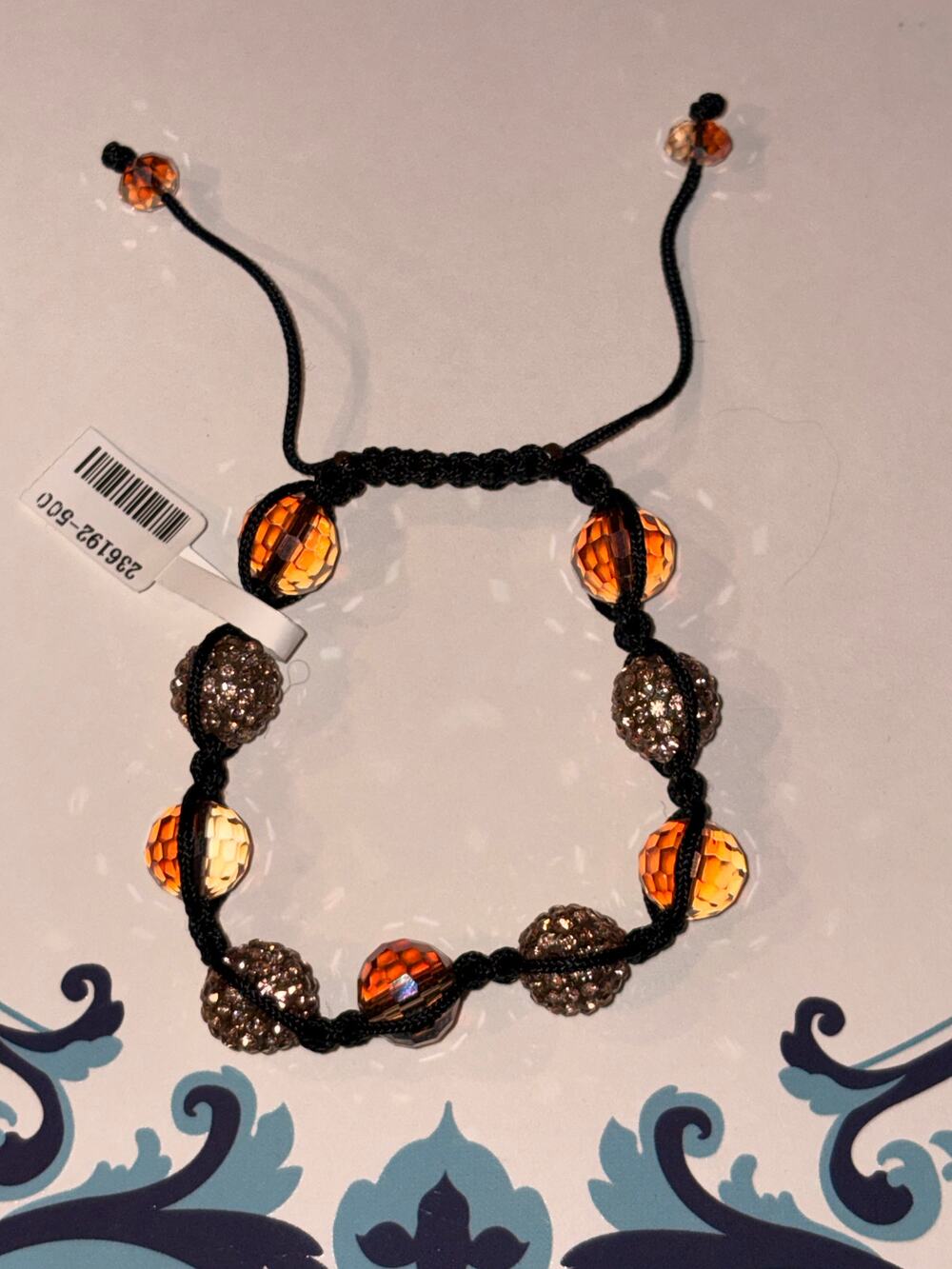 Orange Amber Crystal & Sparkle Disco Ball Macramé Bracelet Adjustable Cuff